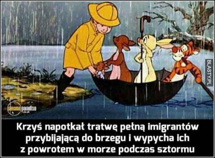 Krzyś napotkał tratwę pełną imigrantów przybijającą do brzegu i wybija ich z powrotem w morze podczas sztormu