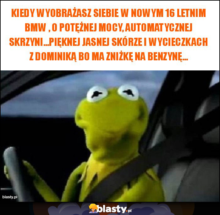 Kiedy wyobrażasz siebie w nowym 16 letnim BMW , o potężnej mocy, automatycznej skrzyni...pięknej jasnej skórze i wycieczkach z Dominiką bo ma zniżkę na benzynę...