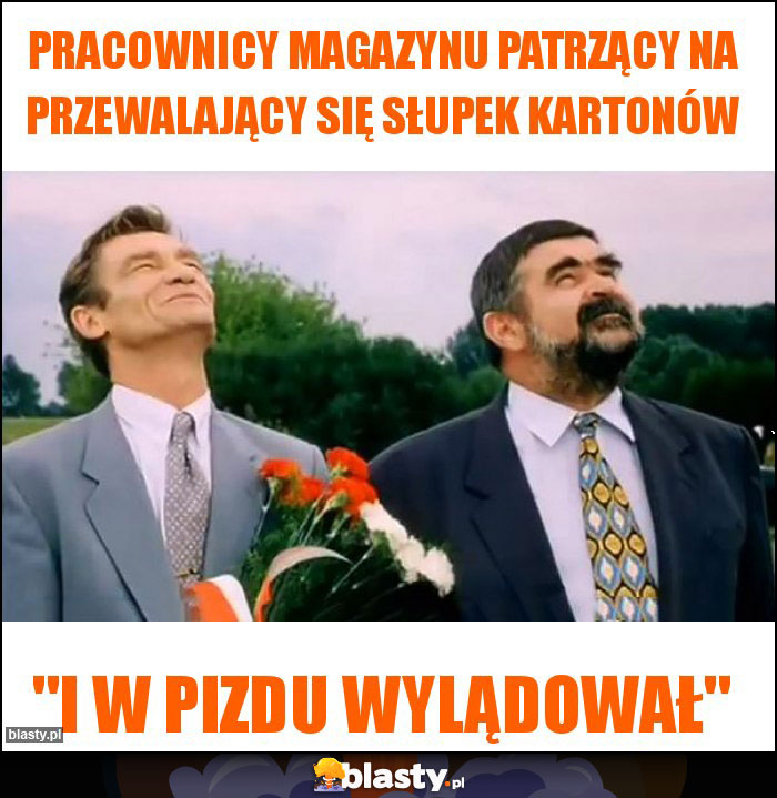 Pracownicy magazynu patrzący na przewalający się słupek kartonów