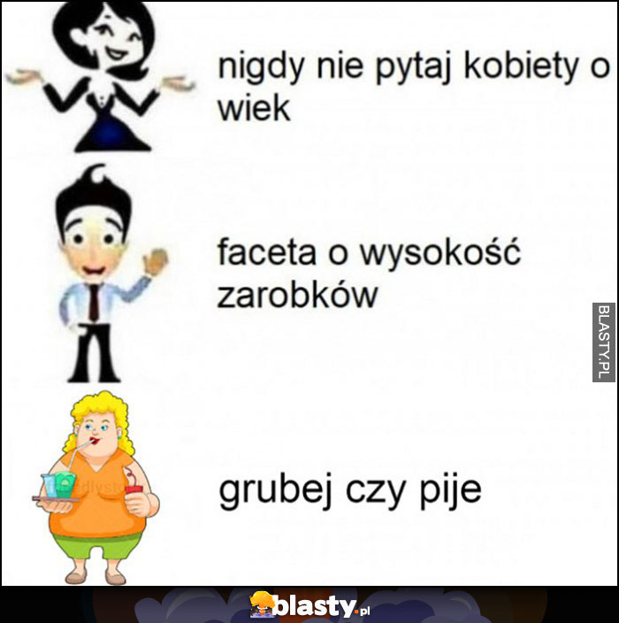 Nigdy nie pytaj kobiety o wiek, faceta o wysokość zarobków, grubej czy pije