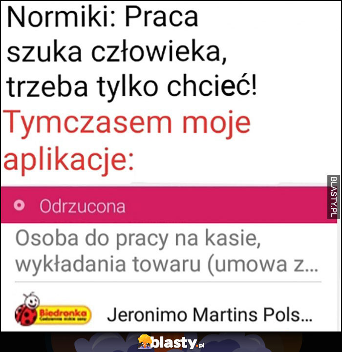 Normiki: praca szuka człowieka, trzeba tylko chcieć. Tymczasem moje aplikacje: wykładanie towaru w Biedronce, odrzucona