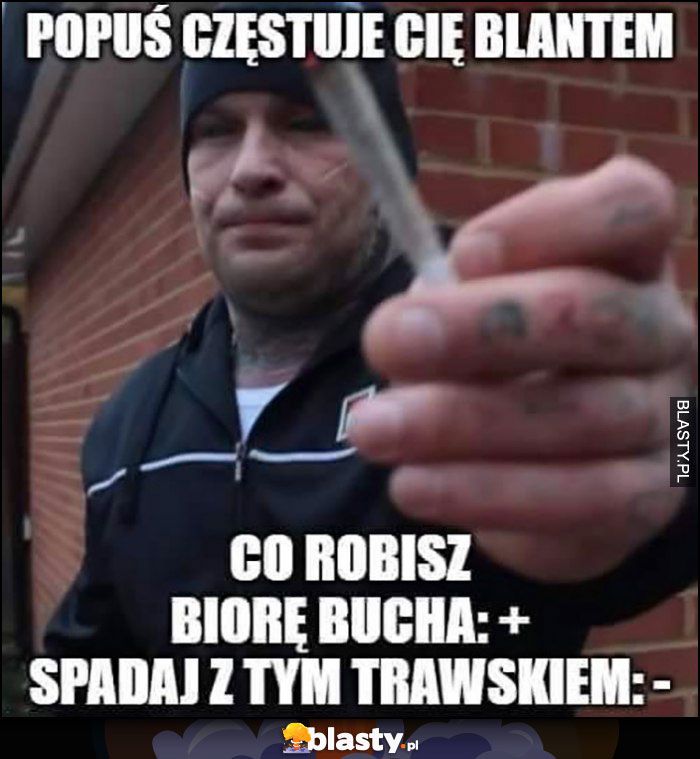 Popuś częstuje Cię blantem, co robisz? + biorę bucha, - spadaj z tym trawskiem