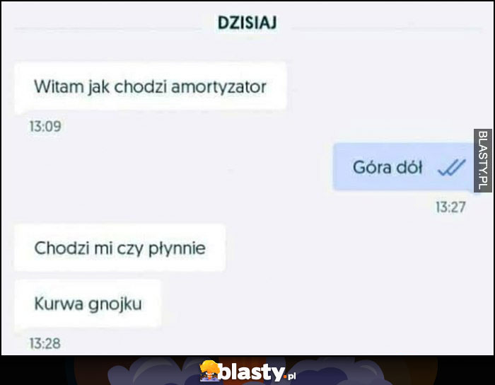 Rozmowa na OLX witam jak chodzi amortyzator? Góra dół, chodzi mi czy płynnie gnojku