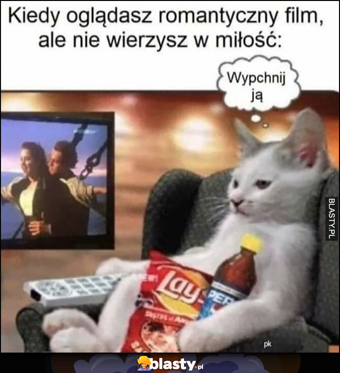 Kiedy oglądasz romantyczny film, ale nie wierzysz w miłość Titanic kot: wypchnij ją