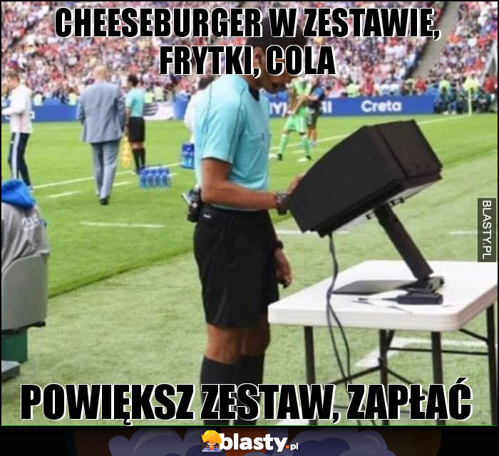 Cheeseburger w zestawie, frytki, cola