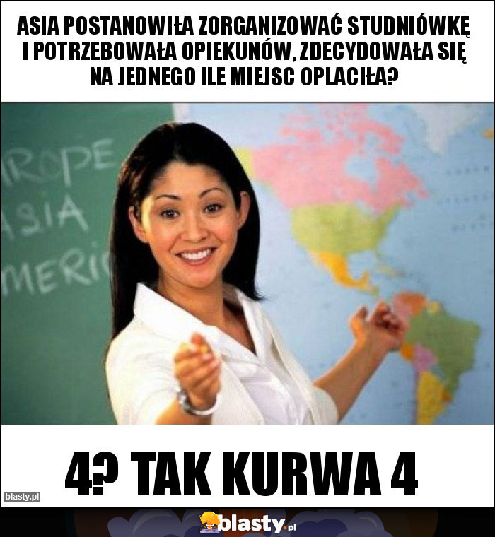 Asia postanowiła zorganizować studniówkę i potrzebowała opiekunów, zdecydowała się na jednego ile miejsc oplaciła?