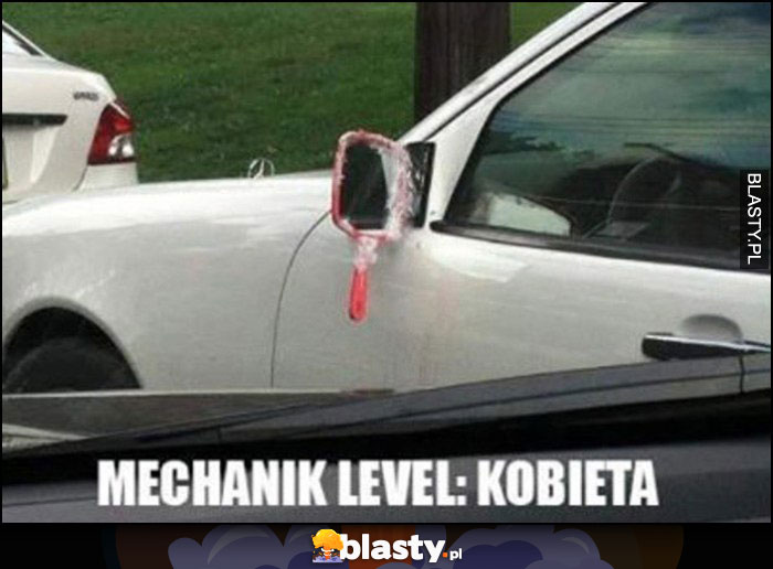 Mechanik level: kobieta, damskie lusterko przyczepione do samochodu