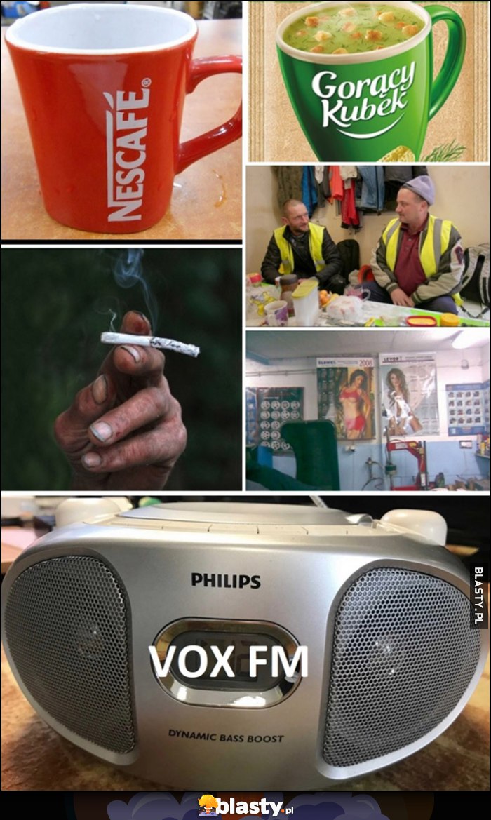 W pracy w robocie: kawa, gorący kubek, papieros, Vox FM