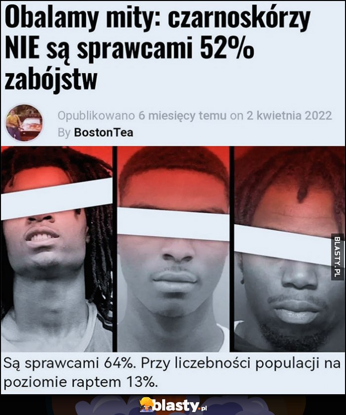 Obalamy mity: czarnoskórzy nie są sprawcami 52% zabójstw. Są sprawcami 64%, przy liczebności populacji na poziomie 13%