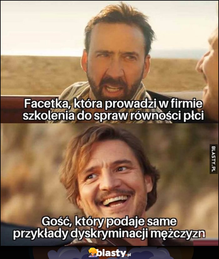 Facetka która prowadzi w firmie szkolenia do spraw równości płci vs gość który podaje same przykłady dyskryminacji mężczyzn